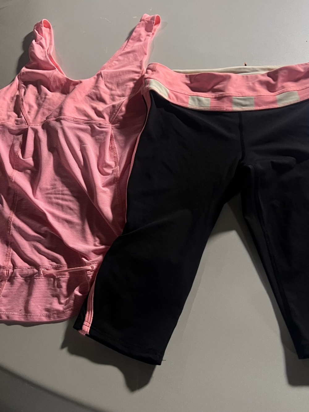 Lululemon coral pink and black biker shorts and tank set (size 6)